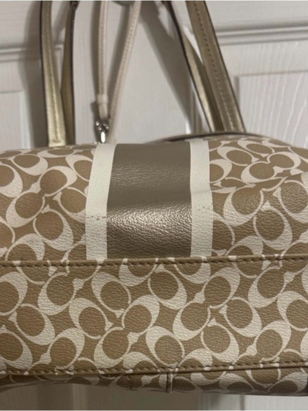 Vintage Coach Signature Stripe Tote Bag Gold Khaki + Matching Leather Wristlet - Picture 5 of 15